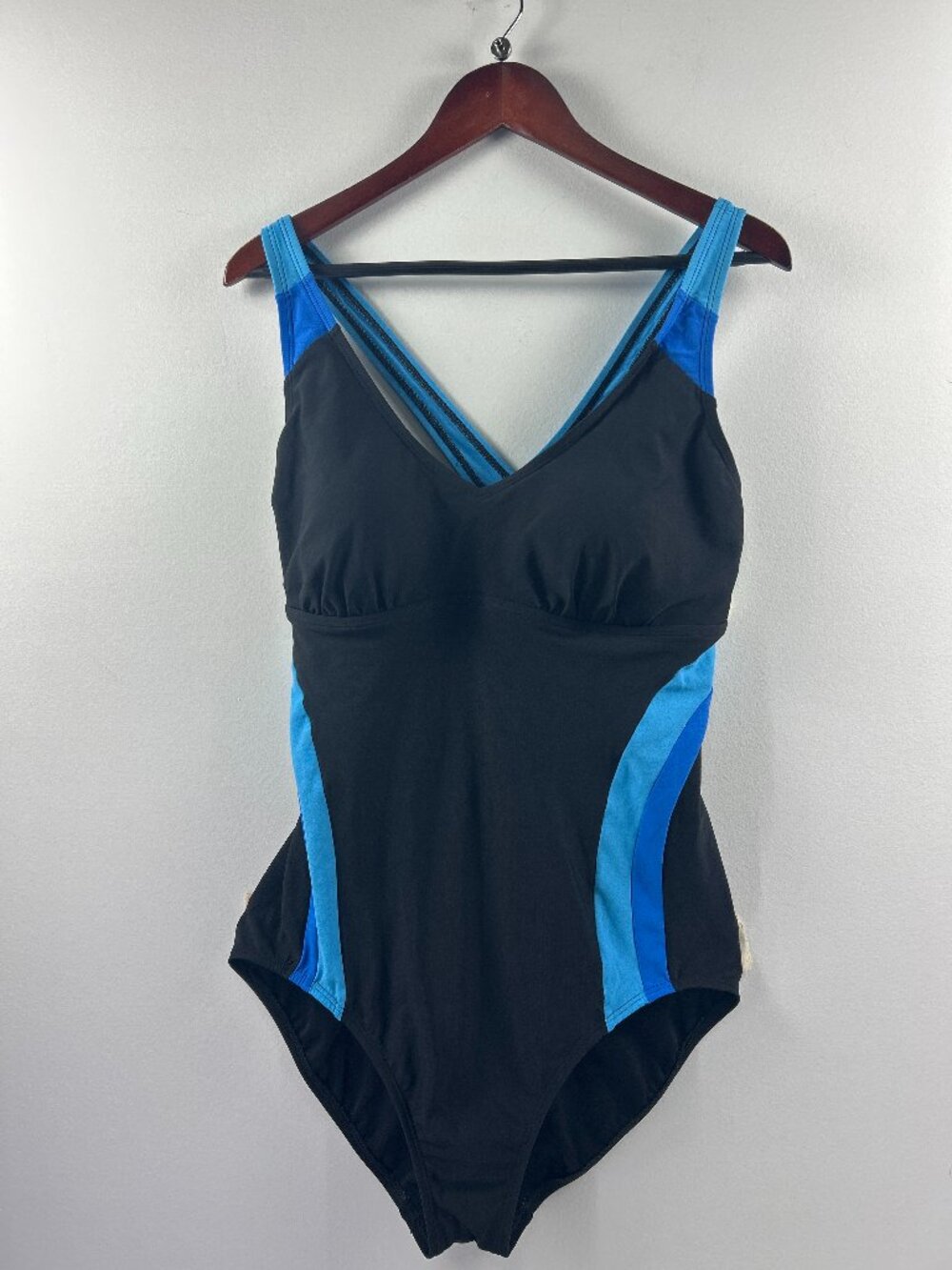 Lands' End Black & Blue Colorblock One Piece Swimsuit Size 16